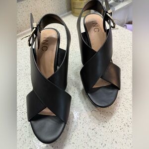 INC International Concepts Black Wedge Sandals with Ankle Strap